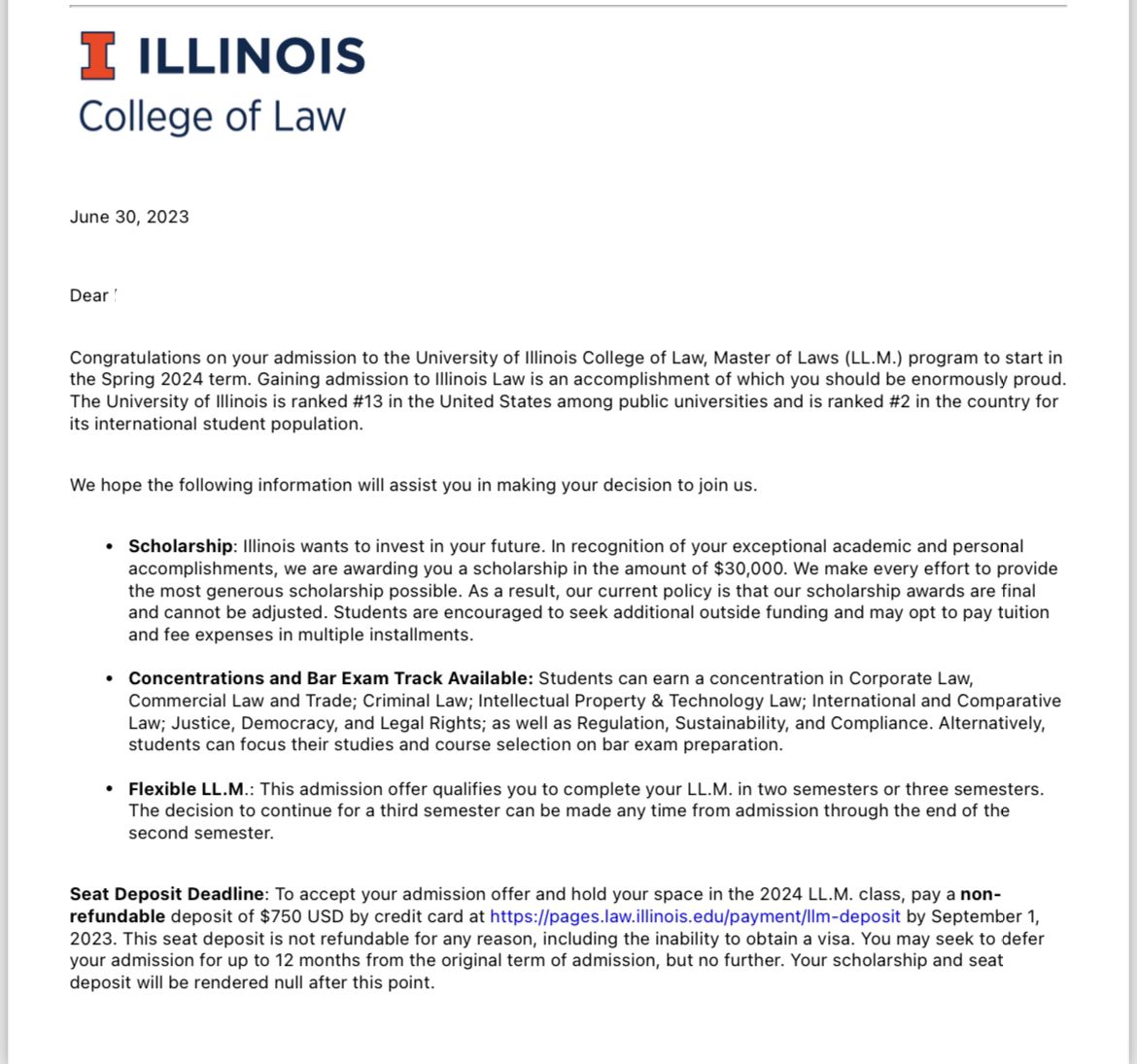 University of Illinois Acceptance Letter