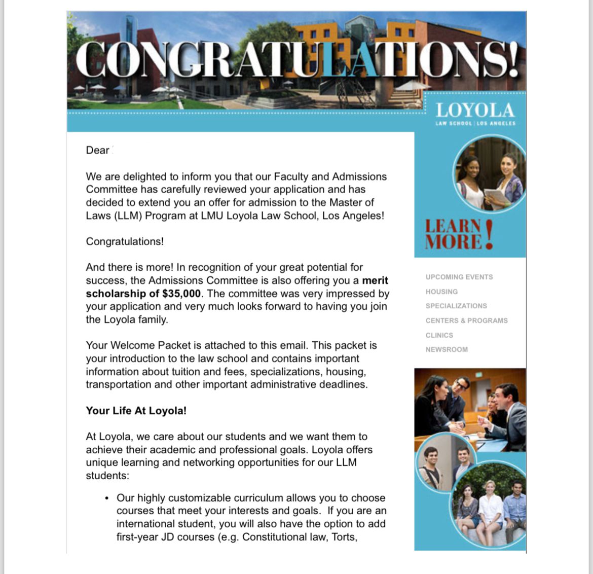 Loyola University California Acceptance Letter