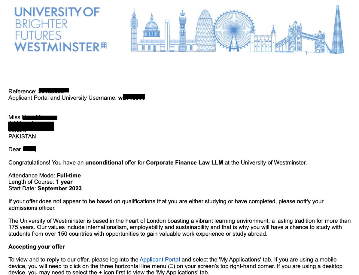 University of Westminster Acceptance Letter